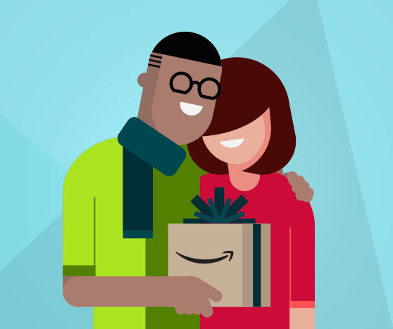 An illustration of a couple receiving a package with the Amazon logo
