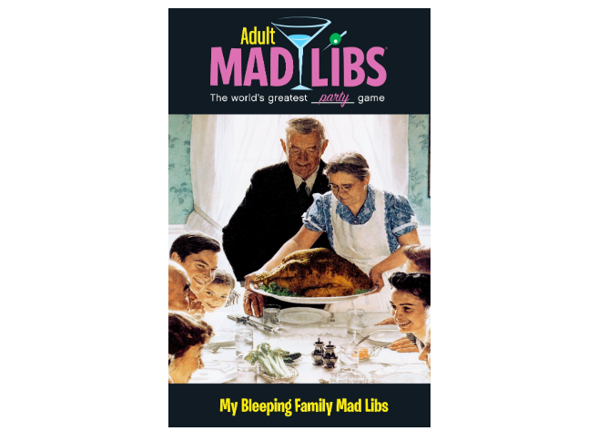 The cover of the Mad Libs book with a person serving a turkey to her family