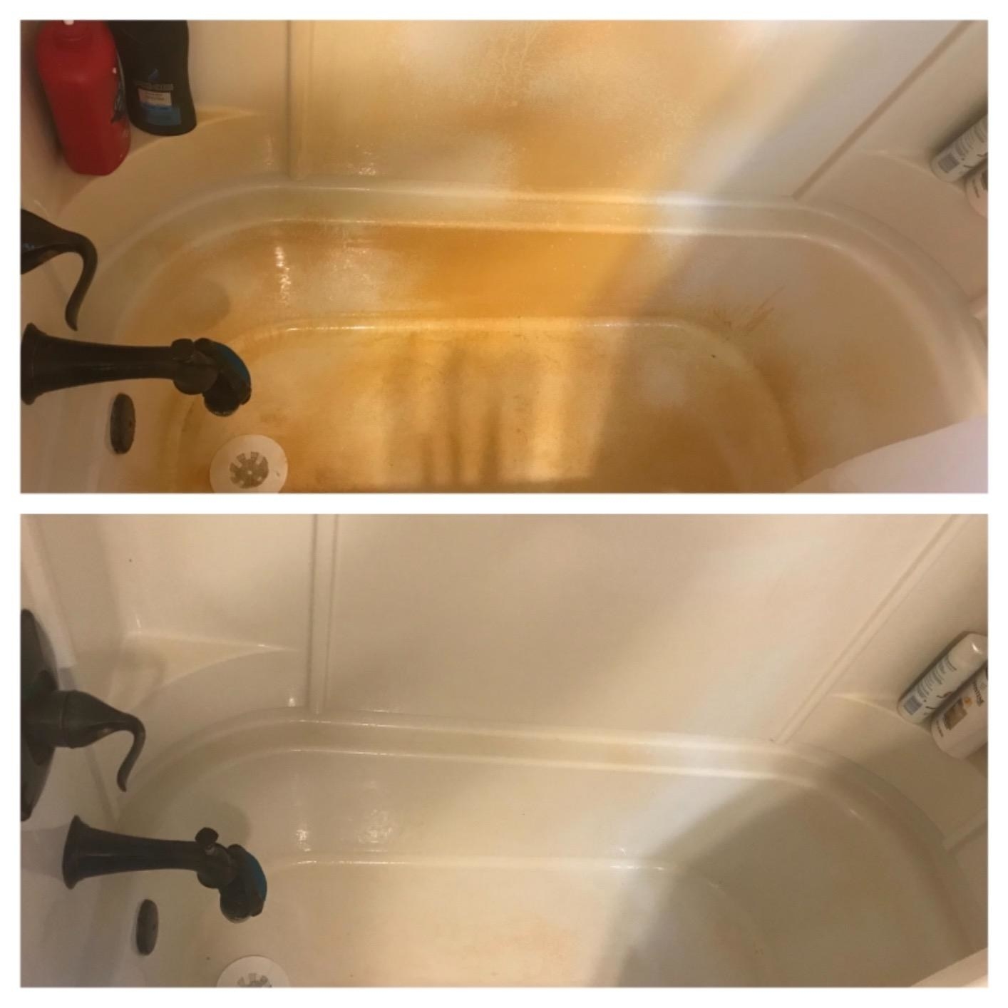 A reviewer&#x27;s rust-stained tub before, and clean white tub after