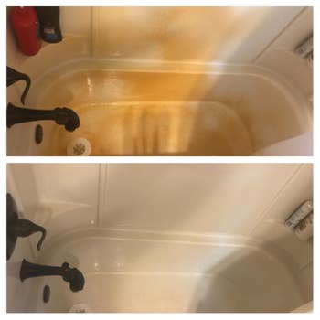 A reviewer's orange-stained tub before/after cleaning