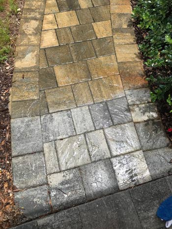 A reviewer's stone path before cleaning (looking orange and rusty) and after (back to the natural grey stone color)