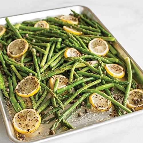 sheet pan of asparagus and lemon slices