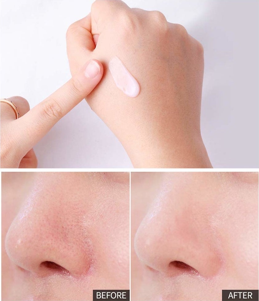 A swatch of the primer showing its gel-like texture, plus a before and after showing the primer blurred pores and reduced redness on the nose