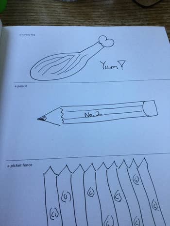 Reviewer's drawings for the prompts: a turkey leg, a pencil, and a picket fence