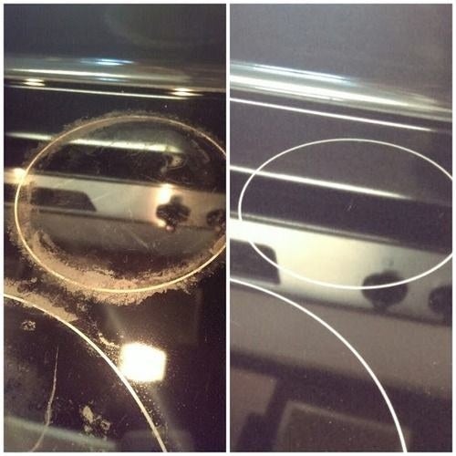 Reviewer before-and-after results showing their cooktop without a mess after using the cleaner