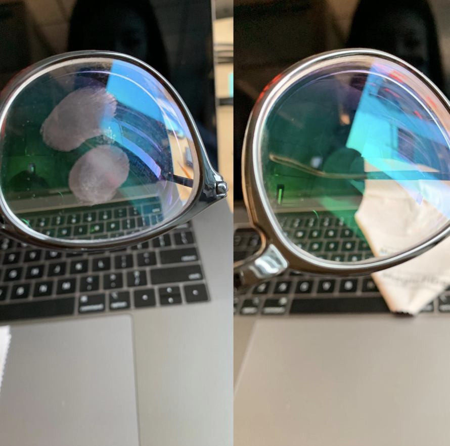 a reviewer showing a before and after photo of glasses being cleaned by the cloth 