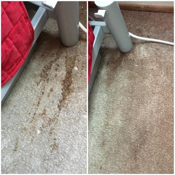 reviewer&#x27;s before and after which shows a stained carpet and then a clean carpet