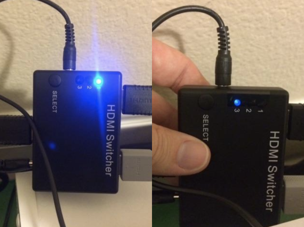 An HDMI switcher with a bright blue light before, and very dimmed light after