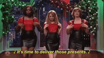 An SNL holiday skit with the singers singing, &quot;It&#x27;s time to deliver those presence&quot;