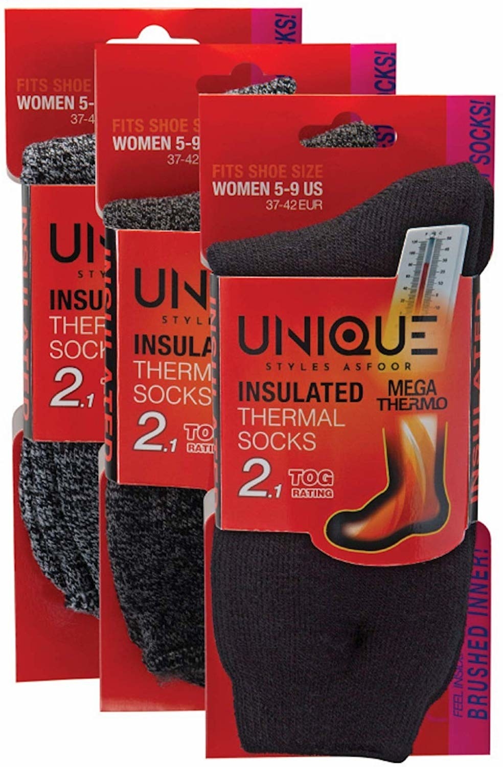 The three pairs of socks: black, dark grey and black heather, and lighter grey and black heather