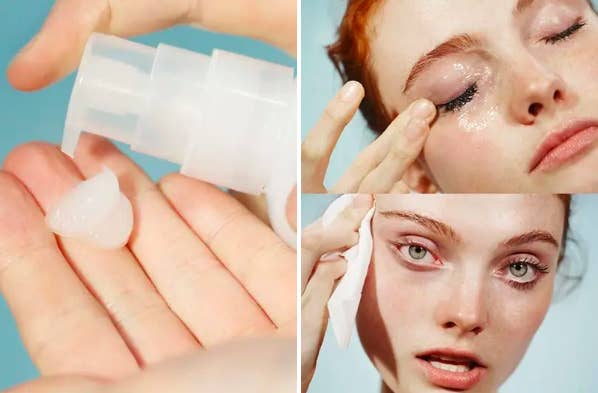 A series of images showing the pump applicator and the gel-like texture of the cleanser, as well as a shot of a model rubbing the cleanser on their eye and a before and after show that clearly shows how well the cleanser removed the same mode&#x27;s eye makeup