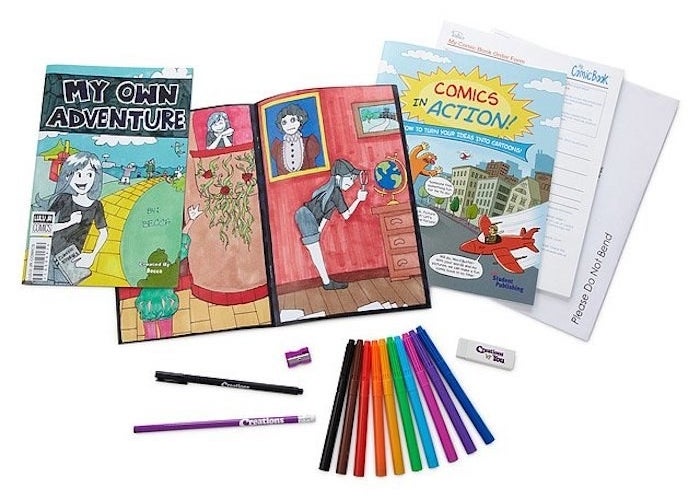 the comic book, the cover, and colorful pencils