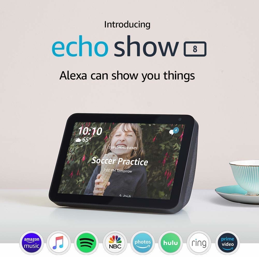 The Echo show with rectangular screen showing a calendar event and a photo