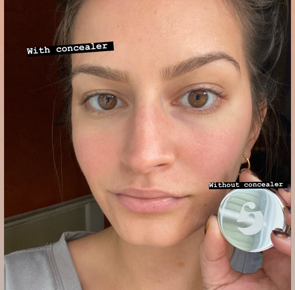 AnaMaria wearing concealer under one eye labeled &quot;with concealer&quot; and not on the other side