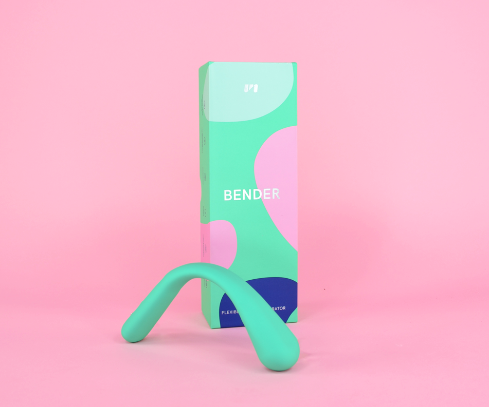 the bender and its box packaging against a bubblegum pink background