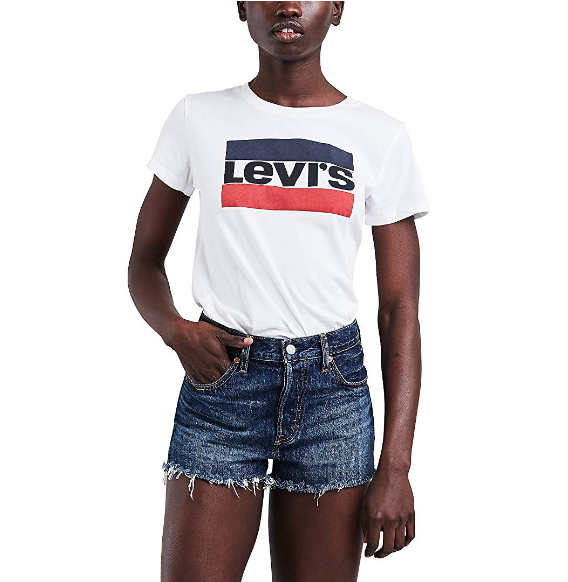 A person wearing a T-shirt with a Levi&#x27;s logo on the front