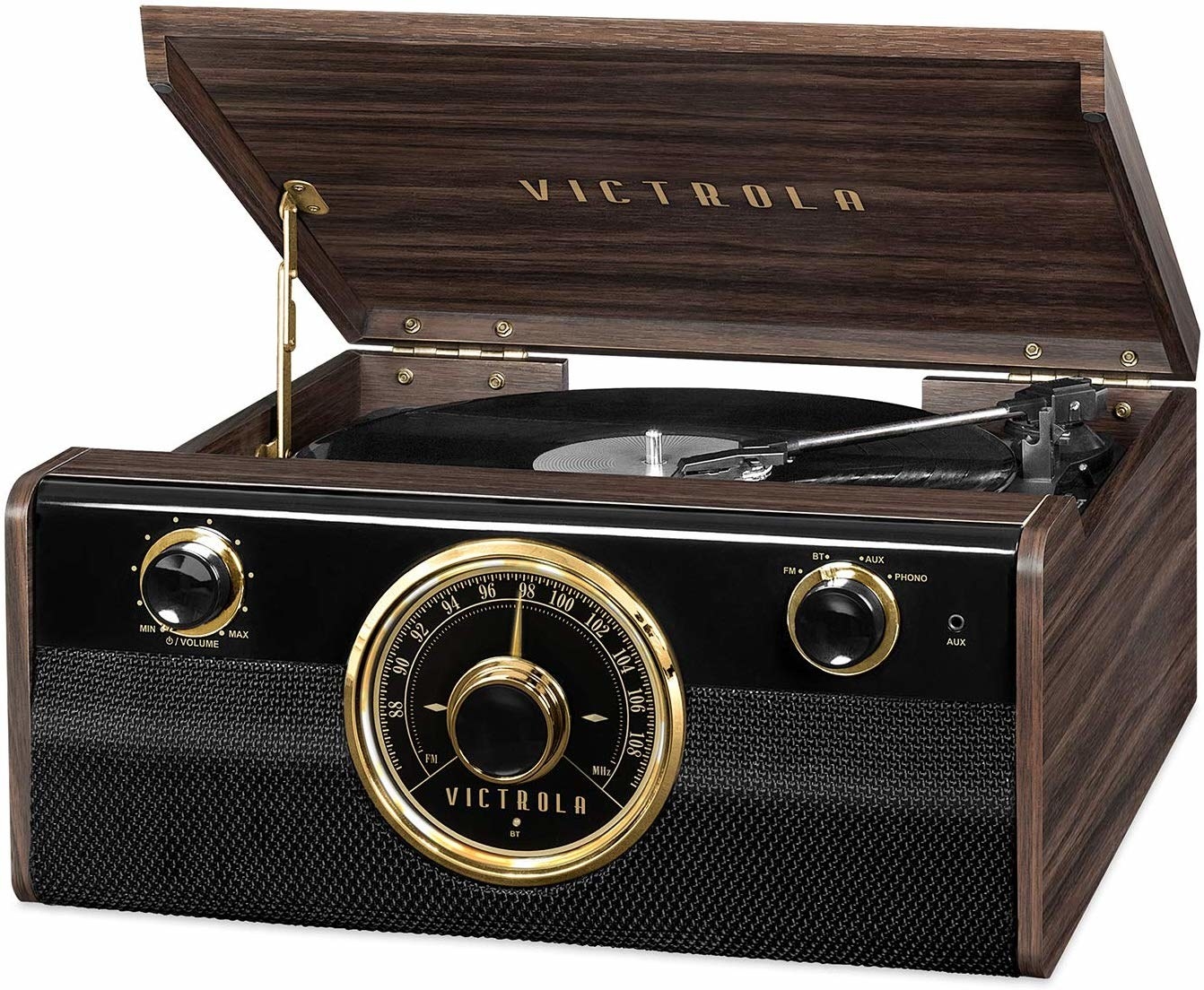 the dark brown record player with gold accents
