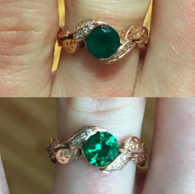 reviewer's before pic of cloudy gem on ring, then after pic of super gleaming ring