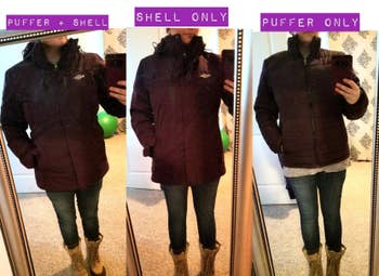 reviewer showing the three different ways to wear this jacket