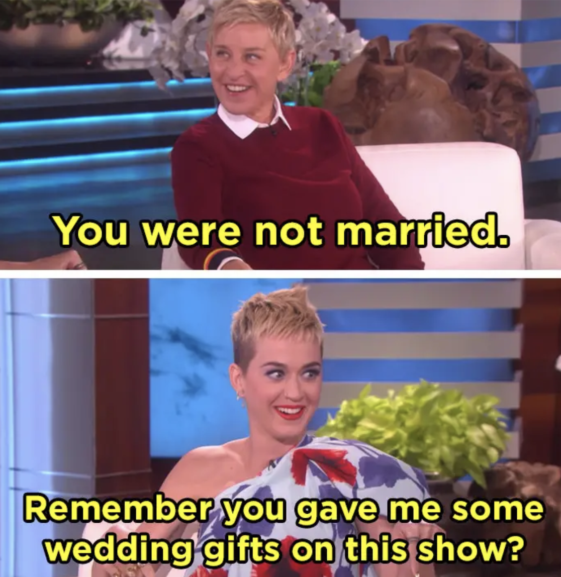 Katy Perry reminds Ellen she gave her wedding gifts