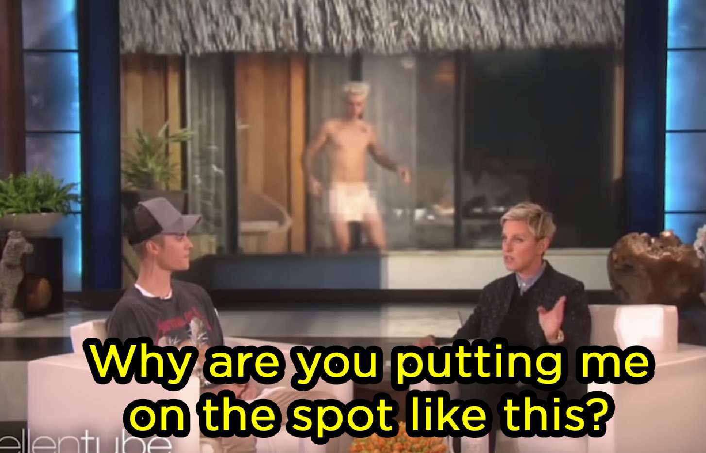 Justin Bieber asking Ellen, &quot;Why are you putting me on the spot like this?&quot;