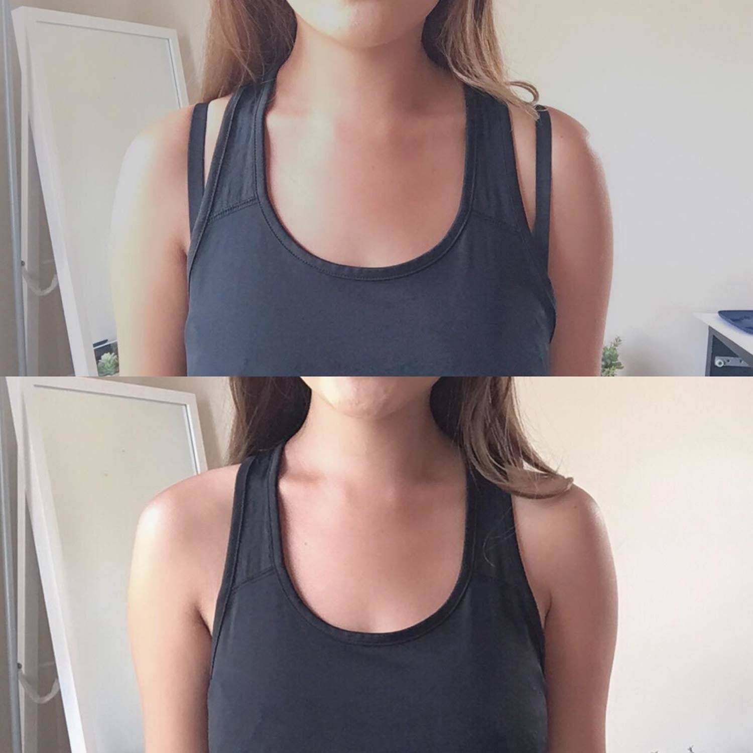 before and after photo of model wearing racerback top with bra straps showing; then racerback top with no bra straps showing