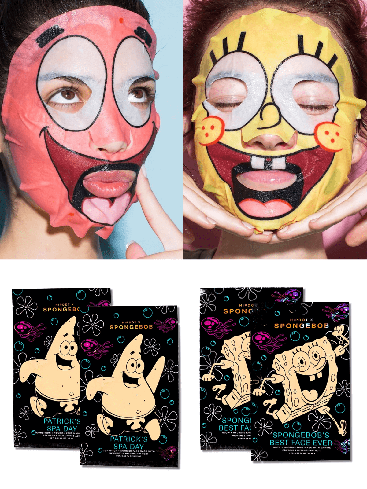 two models wearing spongebob and patrick face maks