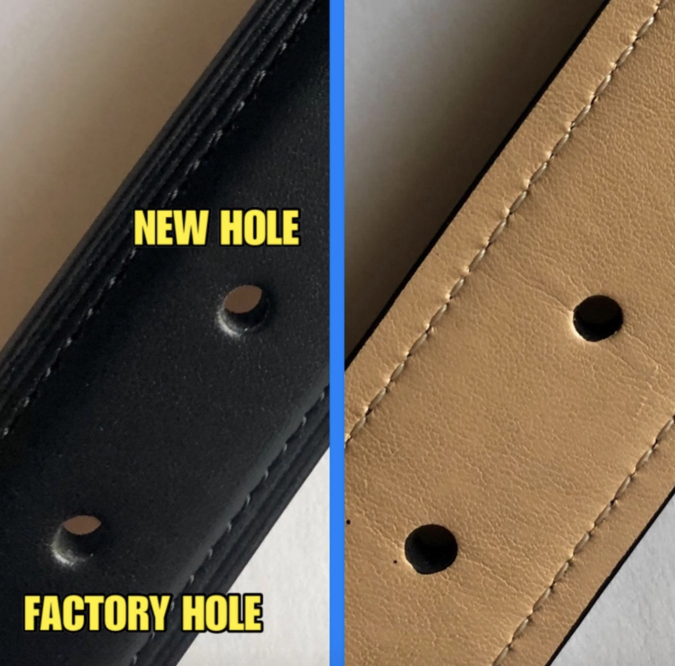 reviewer photo of belt labeled &quot;factory hole&quot; and &quot;new hole&quot; 