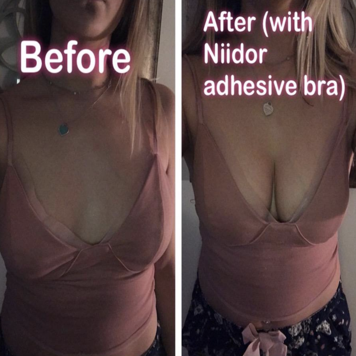 before photo of reviewer wearing a pink v-neck top, after photo labeled "after (with Niidor adhesive bra)" 