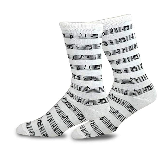 A pair of socks with a musical staff printed on them