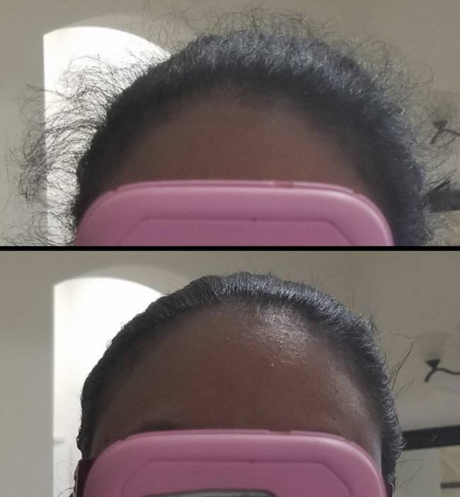 Reviewer before with lots of flyaways and after with smoothed down hair