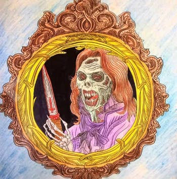 a reviewer's colored picture of a skeleton holding a knife