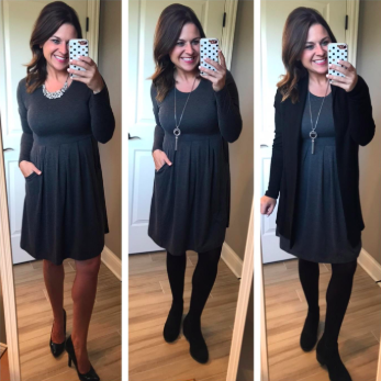 reviewer wearing long sleeve dress with pockets in navy