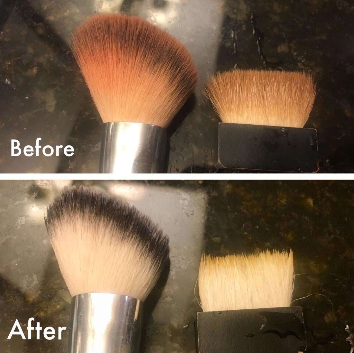 A reviewer showing makeup brushes with powder and blush on it at first, then the brushes looking cleaner after