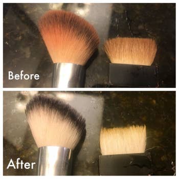 A reviewer showing makeup brushes with powder and blush on it at first, then the brushes looking cleaner after