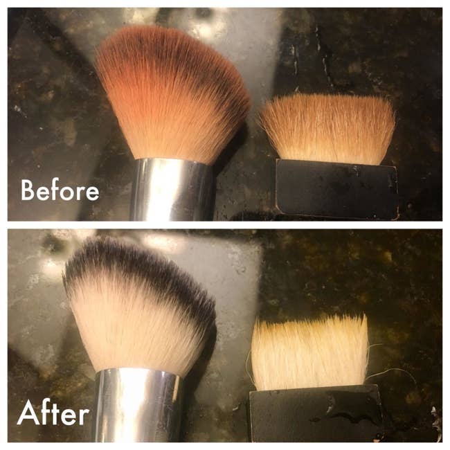 A reviewer showing makeup brushes with powder and blush on it at first, then the brushes looking cleaner after