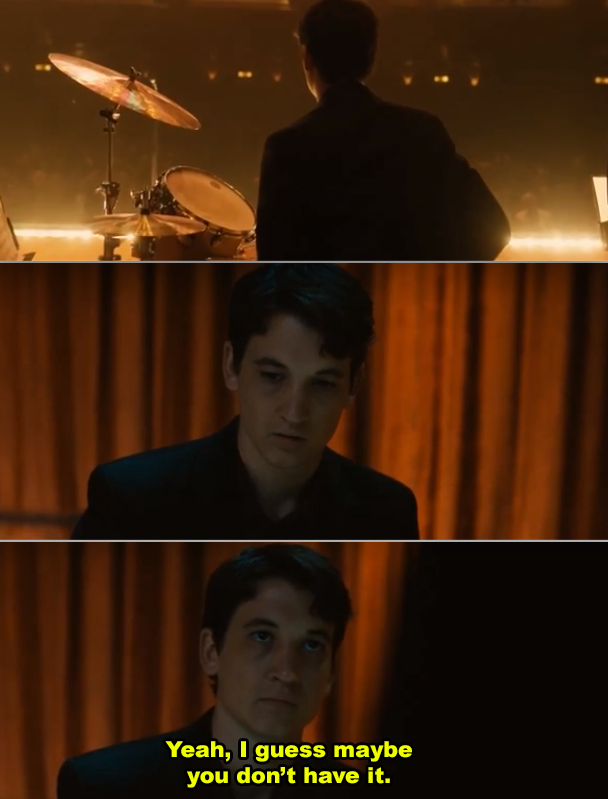 The main character of &quot;Whiplash&quot; on stage looking confused