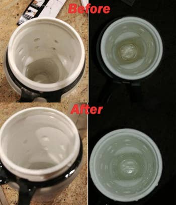 A before-and-after photo of a reviewer's reusable plastic water bottle. In the 