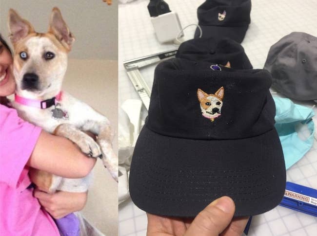 a split photo of a dog and the same dog embroidered on a black baseball hat
