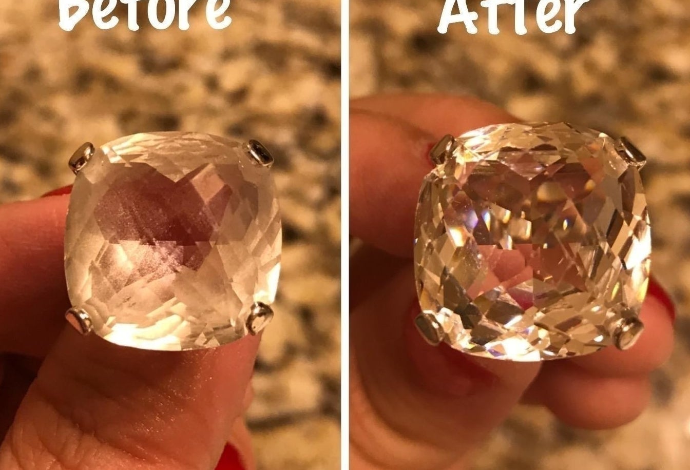 reviewer&#x27;s costume crystal ring before: clouded with oils and dirt and after: clear and sparkling