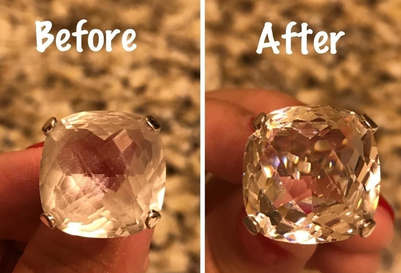 reviewer&#x27;s costume crystal ring before: clouded with oils and dirt and after: clear and sparkling