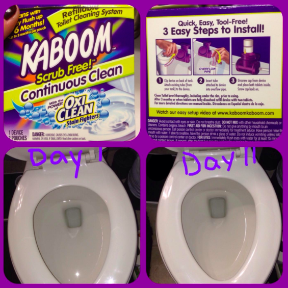 the product packaging and two shots of a reviewer&#x27;s very clean toilet, one labeled day 1 and one labeled day 11