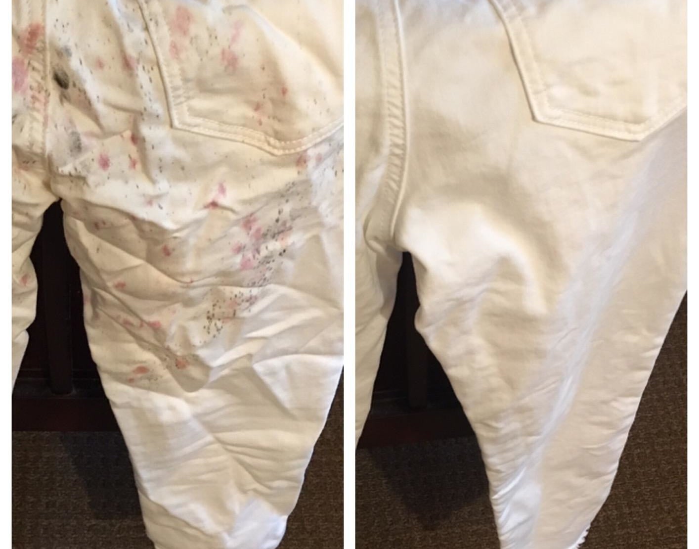 a before and after shot displaying a reviewer&#x27;s white paints after being cleaned with the stain remover