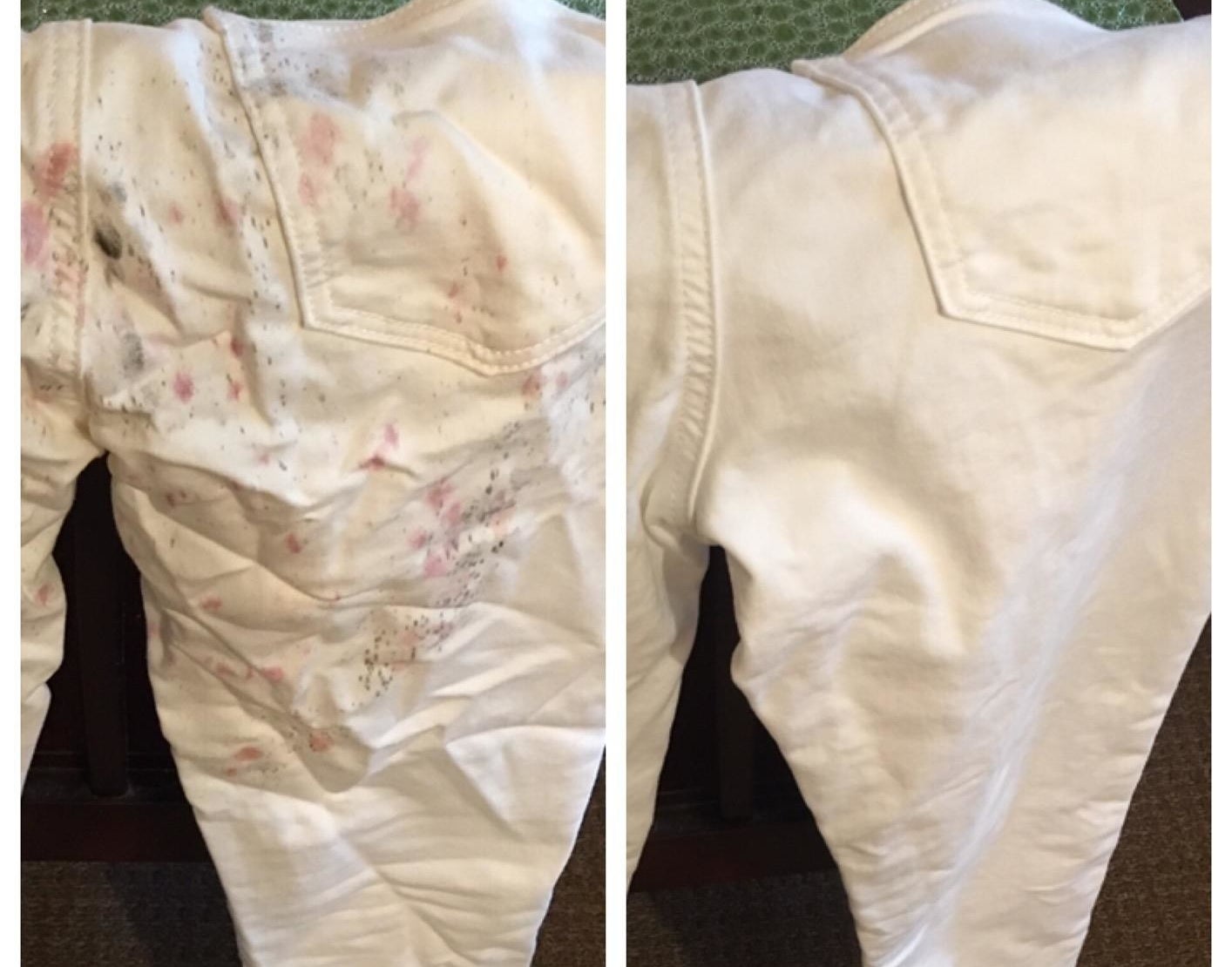 a before and after shot displaying a reviewer's white paints after being cleaned with the stain remover