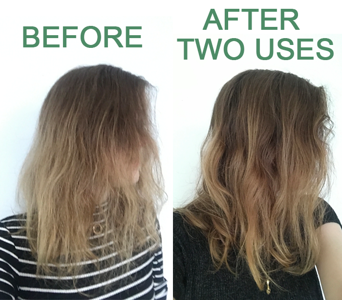 BuzzFeed editor&#x27;s before and after photos showing that the cream made their hair less frizzy and more smooth