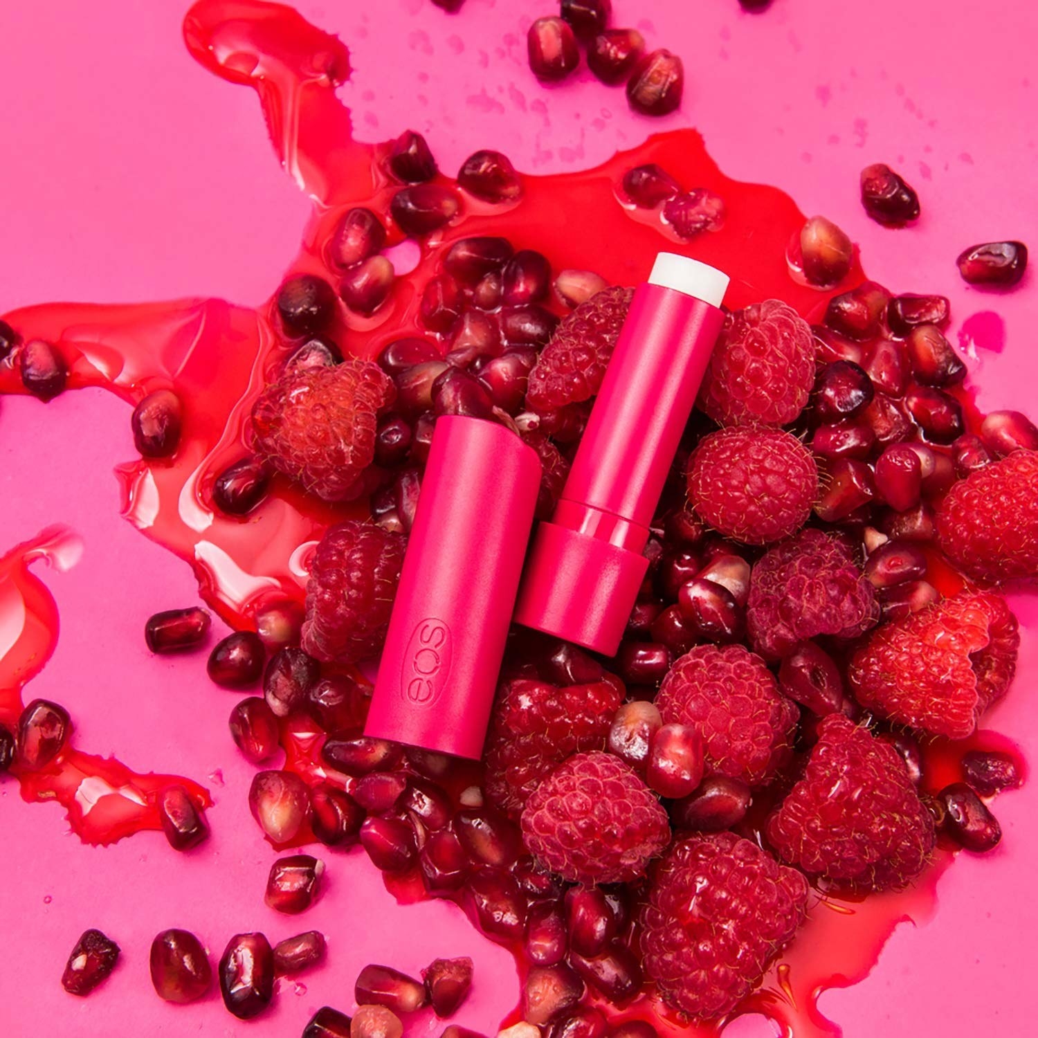 A tube of raspberry pomegranate flavored lip balm