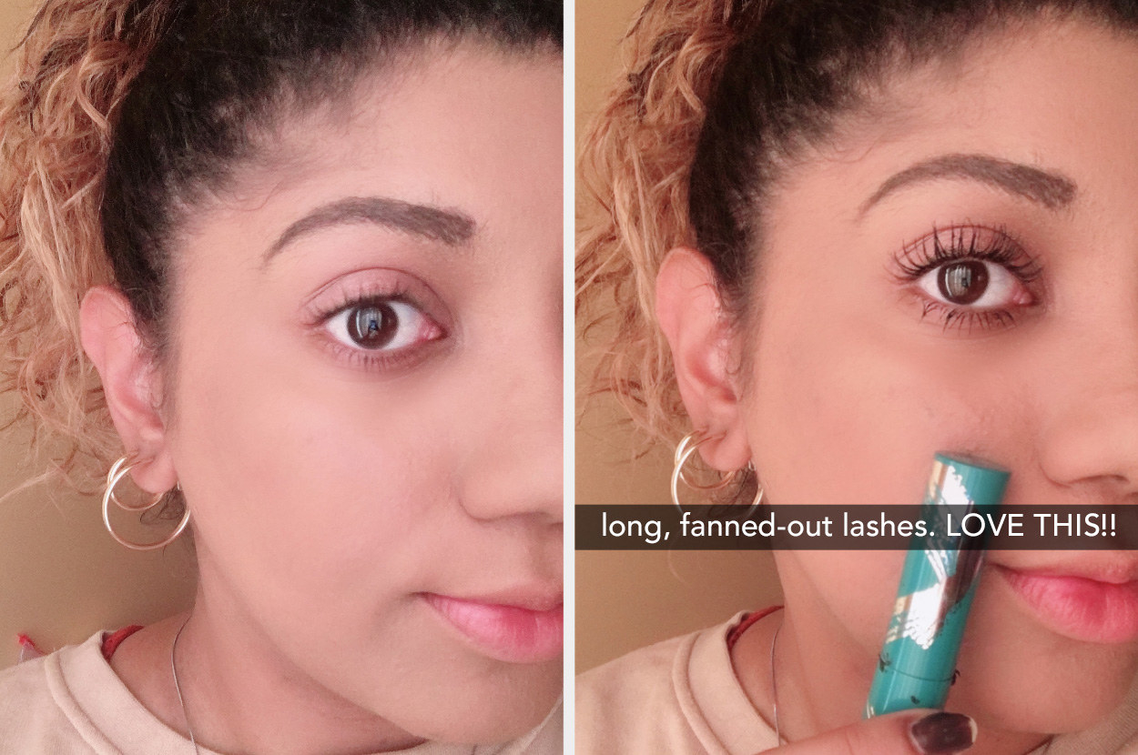 BuzzFeed writer showing sparse lashes at first, then showing lashes looking long and fanned-out after applying the mascara