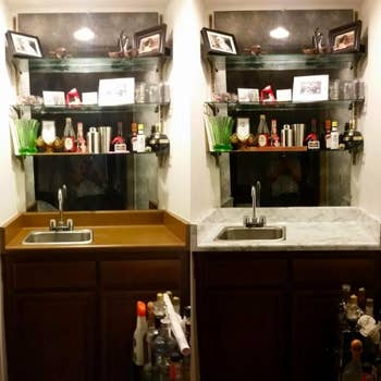 A before and after of a reviewer's brown countertop covered with the white and gray paper