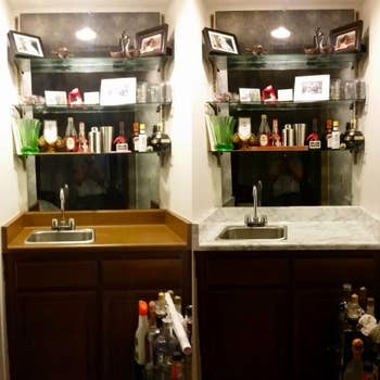 A before and after of a reviewer's brown countertop covered with the white and gray paper