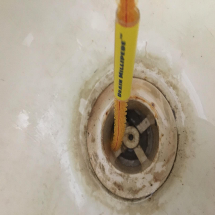 reviewer's flexisnake sticking inside the tub drain